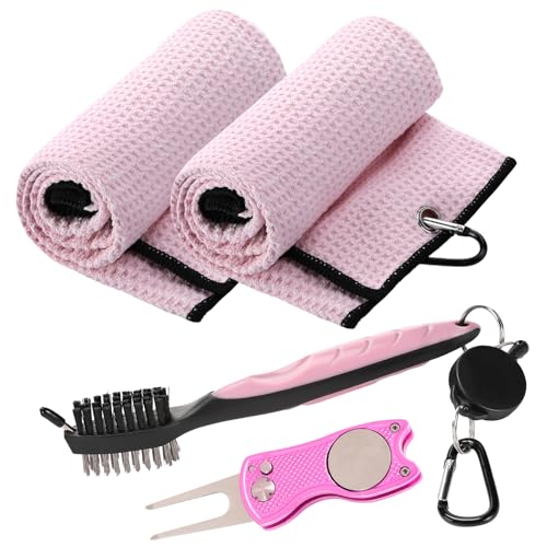 Aulock Golf Towel and Brush Set Microfiber Towels for Golf Bags Women Cleaning Kit with Ball Marker Golf Divot Tool Brush Pink