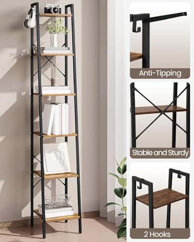 Image of Hzuaneri 6-Tier Ladder Shelf, Narrow Bookshelf, Freestanding Bookcase, Corner Storage Shelves with 2 Hooks for Home Office, Living Room, Kitchen, Bedroom, Industrial, Rustic Brown and Black BC13301B