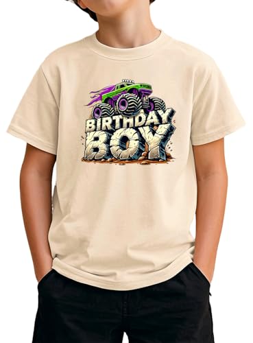 Birthday Boy Shirt Toddler Boys 2t 3t 4T 5T 6T Birthday Short Sleeve Monster Truck Funny T-Shirt Top (Beige 3 4-5T)