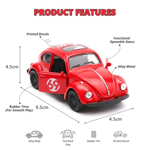 Image of SHAKTISM Die Cast Metal Toy Cars Set - 1:43 Scale Pull Back Action Cars with Open Doors, 4 Model Designs, Mini Vintage Car Collection for Kids Boys Girls, Gift Toy (Red Diecast Model)