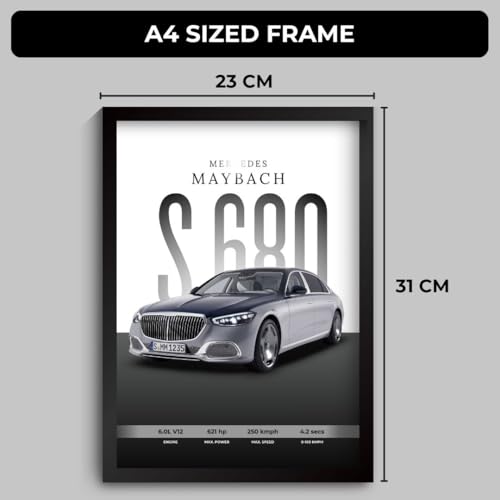 Image of Mercedes Maybach Poster | Framed Maybach S680 A4 Sized (31 x 23 cm) | Mercedes Car Poster for Wall, Gift for Boys, S Class Posters Frames | Car Posters for Wall, Bedroom, Hostel, Study Room,Desk (F 043)