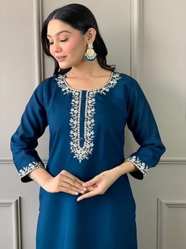 Image of Women's Viscose Chanderi Solid 3 /4 Sleeve Round Neck Embroidered Kurta, Pant and Dupatta-Petrol-JT-058