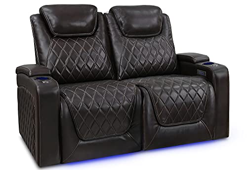 Valencia Oslo Home Theater Seating | Premium Top Grain Italian Nappa 11000 Leather, Power Recliner, Power Headrest, LED Lighting (Row of 2 Loveseat, Dark Chocolate)