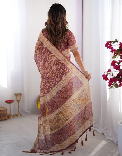 Image of SIRIL Women's Cotton Linen Kalamkari Printed Handloom Saree with Unstitched Blouse Piece