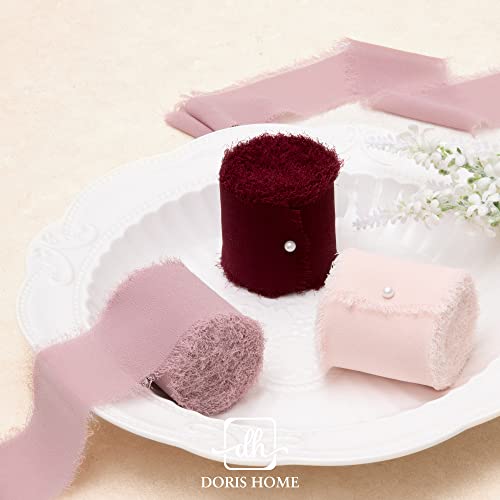 Doris Home 3 Rolls 2"X7Yd Fringe Chiffon Ribbon For Flower Bouquet, Handmade Burgundy & Pink Ribbon For Gift Wrapping, Frayed Edge Ribbon For Crafts, Decorating, Bouquet Wrap, Wedding Invitation #TOP2