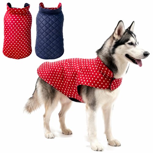 Image of JoyDaog Winter Dog Jacket Reversible Cloth 26 Inch - Red Polka Dot Dog Jacket, Fleece Warmth, Adjustable Fit for Larger Breeds