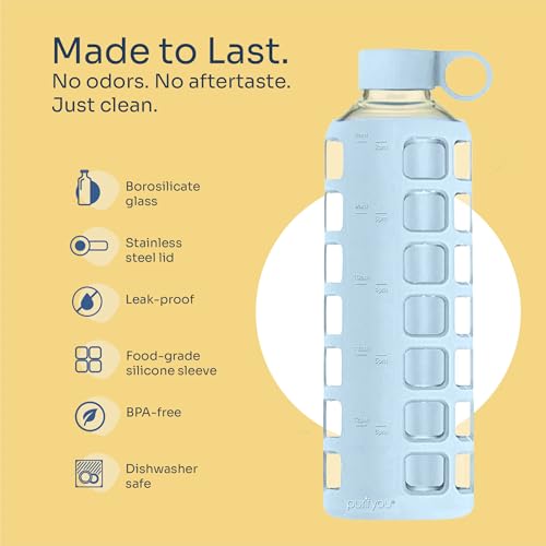 purifyou 40oz / 32oz / 22oz / 12oz Borosilicate Glass Water Bottle with Time & Volume Markers, Silicone Sleeve, Stainless Steel Lid | Reusable Glass Bottle for Water & Juice (40oz Ice Blue)