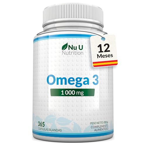 Omega 3 1000mg de Alta Potencia - 365 Cápsulas - Ácidos Grasos 540mg EPA y 340mg DHA por dosis diaria - Aceite de Pescado de Aguas Frías - Nu U Nutrition
