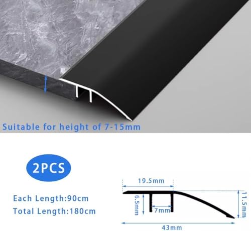 2 Stück Aluminium-Boden-Übergangsstange, Türstange, Metall-Bodenleiste für Türen, Schwellen, Fliesen, Laminat, Planken, Brücke die Höhe zwischen 6–12mm(Schwarz, 0.9m×4.3cm)