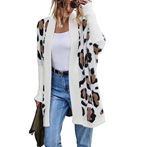 Image of Women's Long Sleeves Open Front Casual Leopard Print Fuzzy Knitted Sweater Cardigan Coat Outwear Apricot