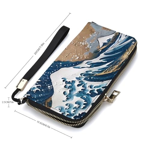 The Great Wave of Kanagawa Art Long Wallet PU Leather Credit Card Holder Purse Coin Pocket with Hand Strap2