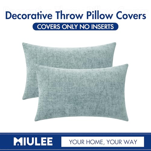 Image of MIULEE Pack of 2 Light Blue Throw Pillow Covers 12x20 Inch Soft Chenille Lumbar Pillow Covers for Sofa Living Room Spring Home Decor Couch Solid Dyed Cases