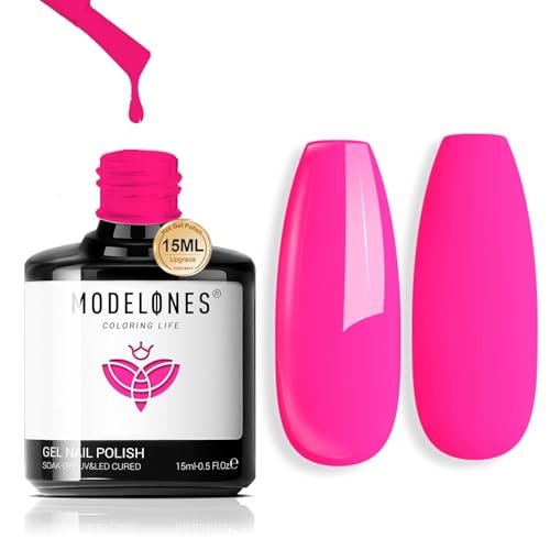 Modelones Gel Nail Polish, 15 ML Hot Pink Bright Nail Polish Soak Off Led Neon Pink Summer Polish Nail Art Design Salon DIY Gel Manicure for Women Girl