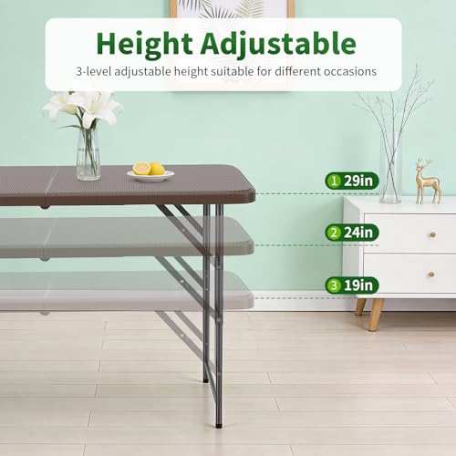 Image of BestOffice 4 FT Picnic Table Folding Table Camping Plastic Table Fold Up Table Lock for Party Event, Brown Ratten