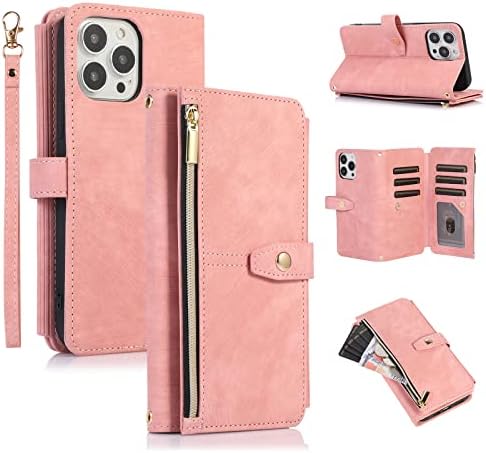 UEEBAI Wallet Case for iPhone 12 mini 5.4 inch, Retro 9 Card Holder Slots Zipper Pocket Handbag Case PU Leather Magnetic Closure Kickstand with Wrist Strap TPU Shockproof folio Case - Blue