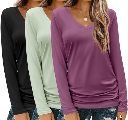 Zeagoo 3 Pack Long Sleeve Shirts for Women V Neck Casual Fall Tops S-XXL
