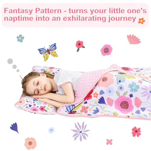 Image of Viviland Toddler Nap Mat, Rolled Sleeping Mats with Pillow and Minky Dot Blanket for Girls, Kids Slumber Bag Nap Mat for Preschool, Daycare, Kindergarten, Travel Camping - Butterfly Garden