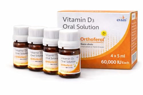 Image of Eraas Orthoferol Vitamin D3 60,000 IU Nano Shots | Sugar Free Cholecalciferol | Weekly Dose for Bone Strength, Immunity & Muscle Health | Sugar Free Liquid Supplement | 4x5ml Bottles