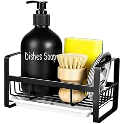 TEZZ Sponge Holder for Kitchen Sink- Stainless Steel Kitchen Sink Caddy for Organizing Sponge, Brush & Soap Dish Dispenser, coutertop Organizer Rack with Adhesive or Counter top, Black