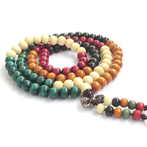 OVALBUY 8mm Multiple Color Wood Beads Tibetan Buddhist Prayer Mala Necklace