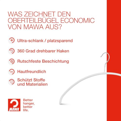 MAWA Kleiderbügel, Set mit 10 hochwertigen, platzsparenden, rutschfesten Kleiderbügeln, ideal für T-Shirts und Pullover, mit 360° drehbarem Haken und Rutschfester Beschichtung, 46 cm, Weiß