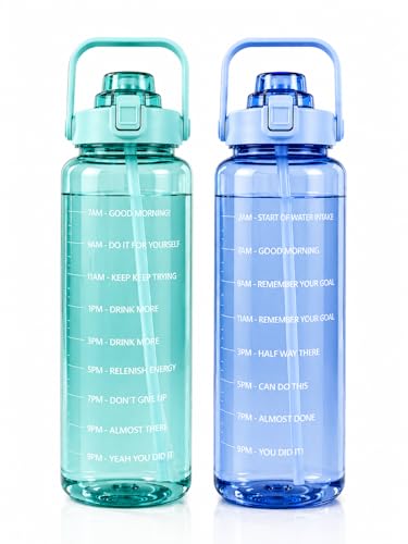 Image of Motivational Water Bottle 2 Litre with Time Marker | Leak Proof BPA Free Gym Bottle | Sports Drinking Bottle with Straw & Handle for Office, Gym, School (green & blue)