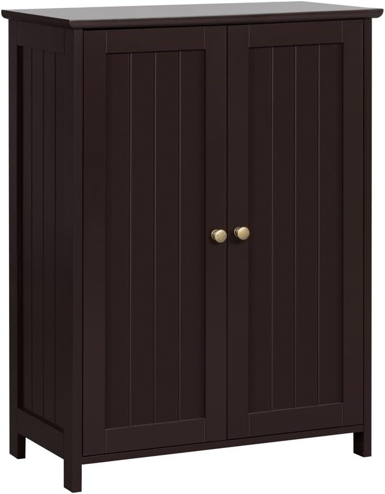 Topeakmart Bathroom Floor Cabinet Double Doors Free-Standing Storage Cabinet with Adjustable Shelves, Anti-toppling Design, Espresso