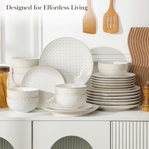 Image of MALACASA 24-Piece Farmhouse Dinnerware Set for 8, Embossed White Stoneware Plates and Bowls Sets, Vintage Relief Ceramic Dish Set, Chip-Resistant, Microwave & Dishwasher Safe