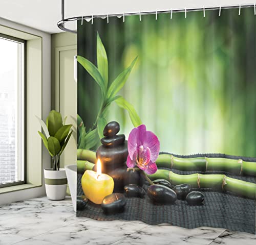 ABAKUHAUS Spa Shower Curtain, Orchid Bamboo Stems Chakra Stones Japanese Alternative Feng Shui Elements - Image 4