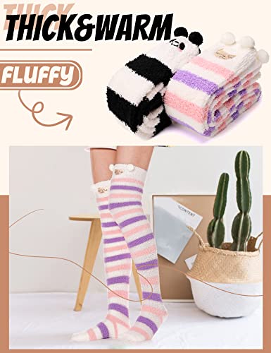 Image of MOGGEI Womens Fun Fuzzy Thigh High Socks, Funny Striped, Over Knee High