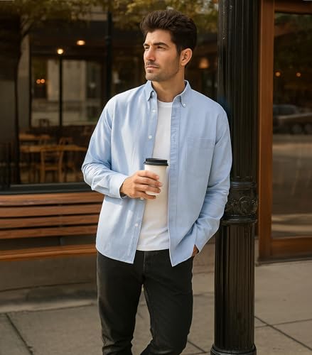 Mens Cotton Shirts Casual Long Sleeve Overshirt Dressy Stretch Office Shirts with Pocket - Image 4