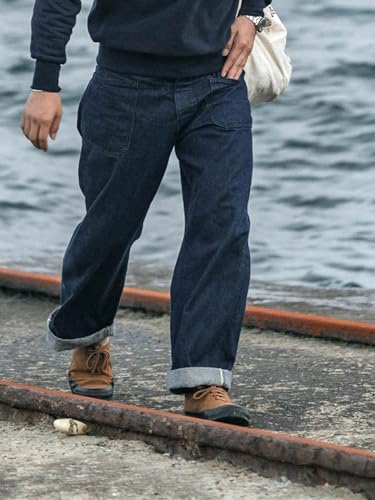 Men’S Casual Style Loose Fit Straight Selvedge Denim Full Length Dungaree Jeans Button Fly High Waist Deck Daily Wear Pants3
