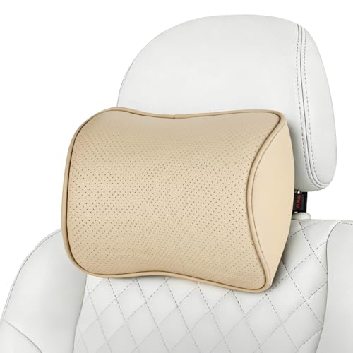Aukee Car Headrest Pillow Memory Foam Car Neck Pillow Soft Leather Headrest for Driving Home Office Beige (1PC)