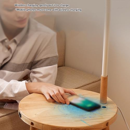 Lampadaire moderne en arc avec tablette bois naturel pour salon