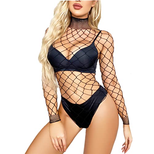 Damen Sexy Netz Body Langärmlige Unterwäsche Transparenter Reizwäsche Elastisch Teddy Babydoll Dessous mit Hohem Kragen Einteiliger Outfit Fishnet Badeanzug für Valentinstags (Schwarz, Einheitsgröße)