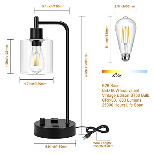Industrial Table Lamp, Stepless Dimmable Vintage Bedside Nightstand Lamp with 2 USB Ports and AC Power Outlet, Glass Shade Farmhouse Lamp for Bedroom Living Room Office, LED Bulb Included