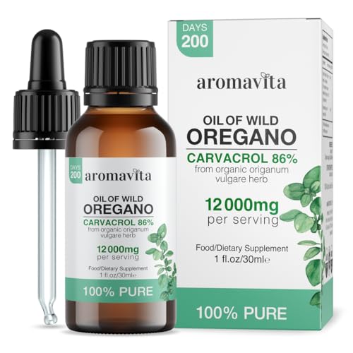 AROMAVITA Wild Oregano Oil Organic - 100% Pure Undiluted Organic Wild Oregano Oil with 86-90% Carvacrol, Immune Support - Plant-Based, Herbal Supplement - Vegan, Non GMO, Gluten Free, 1fl.oz/30ml