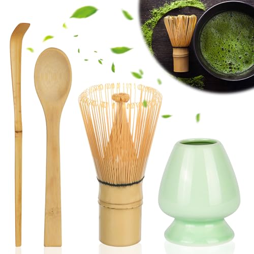 HOTUT Accesorio de Ceremonia de Matcha, 4 Piezas Kit De Té Matcha, Batidor Te Matcha, Incluye Batidor Bambú Te Matcha, Cuchara de Té, Soporte para Batidor, Cuchara de Matcha, Fácil de Limpiar
