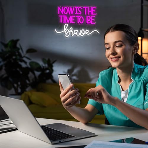 Image of Now Is The Time To Be Brave Neon Sign for Wall Decor Pink Neon Light Dimmable Positive Led Light Up Sign for Classroom Bedroom Teenagers Girls Room Club Salon 16.5 * 11.8 Inch
