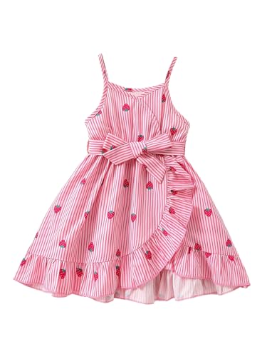 MakeMeChic Toddler Girl's Strawberry Striped Cami Dress Wrap Ruffle Trim Flowy Belted Mini Dresses