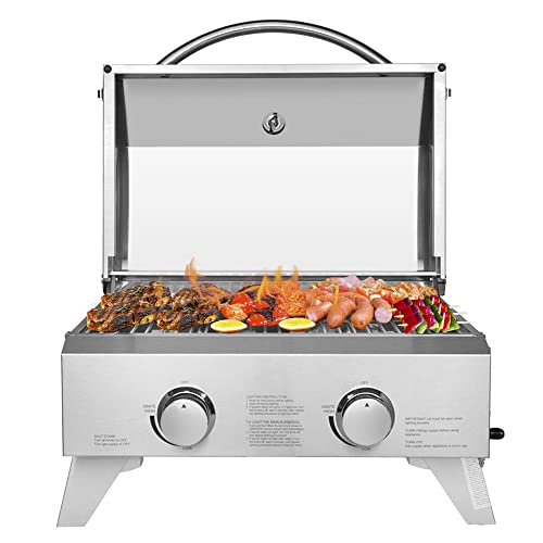 ROVSUN Portable Gas Grill with 2 Burner, 20,000BTU Large Tabletop Camping Propane Griddle for Outdoor Patio Garden BBQ Picnic Tailgating Trip Home Use with Stainless Steel Body, Regulator & Hose - Image 3