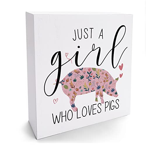 Funny Pig Sign Pig Gifts Desk Decor Wooden Box Sign Pig Decor Wood Block Plaque Box Sign For Pig Lovers Women Girls Room Birthday Bedroom Bathroom Shelf Table Decoration Just A Girl Who Loves Pigs #TOP28