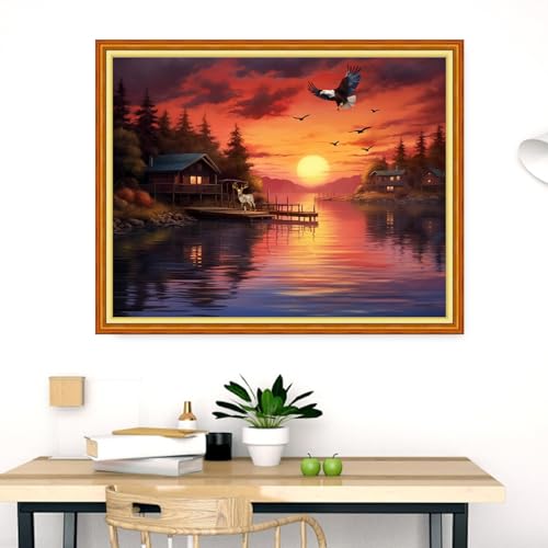Image of Dimensean Stamped Cross Stitch Kits Full Range of Embroidery Patterns Starter Kits for Beginners Adult DIY Cross Stitches Needlepoint Kits 11CT-Sunrise Eagle by the Lake 16x20 inch