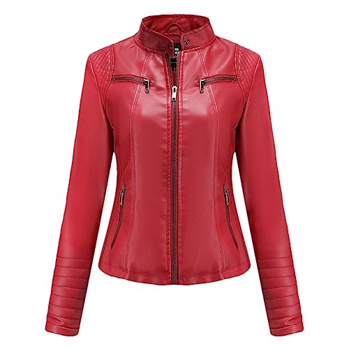 Veste de moto en cuir synthétique rouge femme coupe courte ajustée vintage