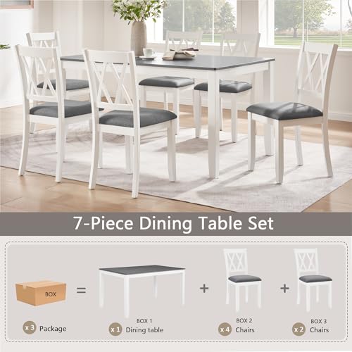 Image of Harper & Bright Designs 7 Piece Dining Table Set for 6, 58.5 inch L Solid Wood Kitchen Table with 6 Upholstered Chairs, Grey White Two-Tone, Space-Saving Design