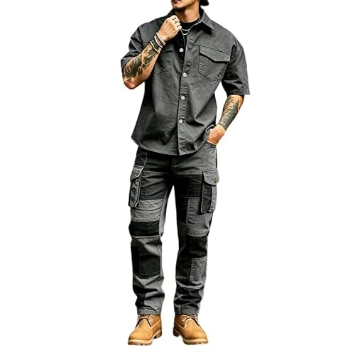 CHUUMEE Men Cotton American Workwear Multi-Pocket Shirt Pants Set (Gray,L)