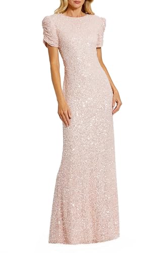 Mac Duggal Beaded Mesh High Neck Puff Sleeve Gown Blush