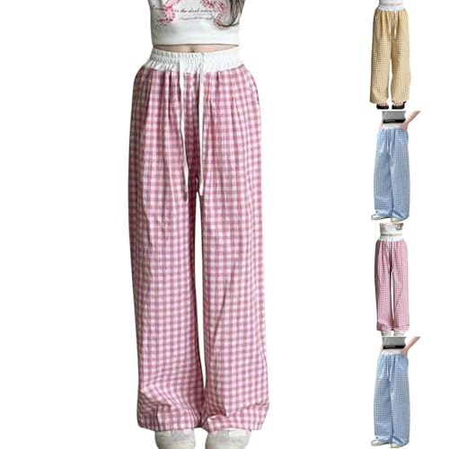 Girls Patchwork Plaid Summer Pants Casual Elastic Waist Loose Straight Leg Trousers with Pockets for 4-13 Years2
