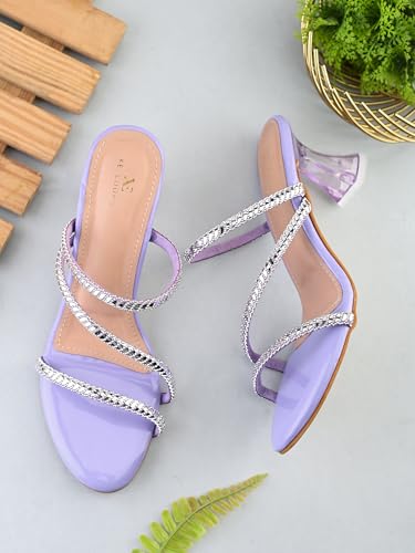 Image of XE Looks Heels for Women | Glossy Finish | Criss-Cross Silver Embellished Straps | Comfortable Block Heel Sandals for Girls