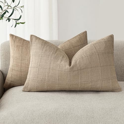 Image of Foindtower Set of 2 Decorative Linen Check Throw Pillow Covers Neutral Farmhouse Lumbar Cushion Covers Modern Coastal Boho Home Decor for Sofa Chair Couch Bedroom Living Room,12x20 Inch,Camel